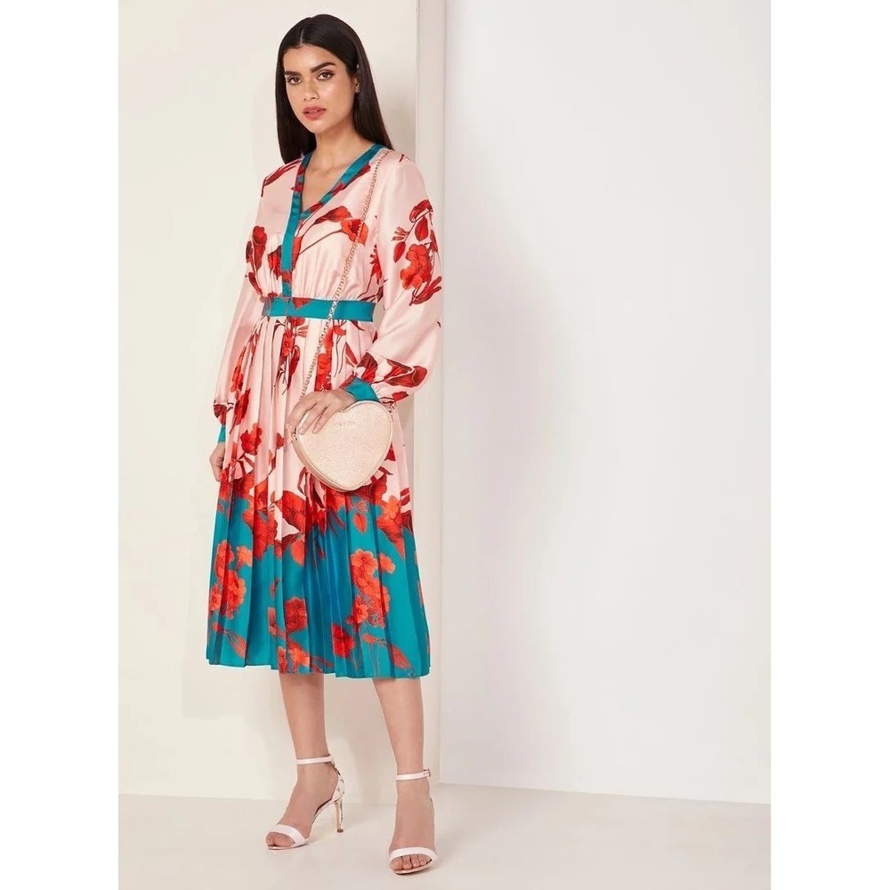Ted Baker Karolyn Fantasia Floral Pleated Midi Dress Pink Red Teal Size 2